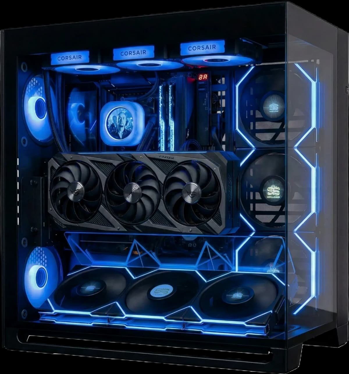 Splave × Moncada Edition gaming PC in polished Lian Li chassis with blue sky RGB lighting