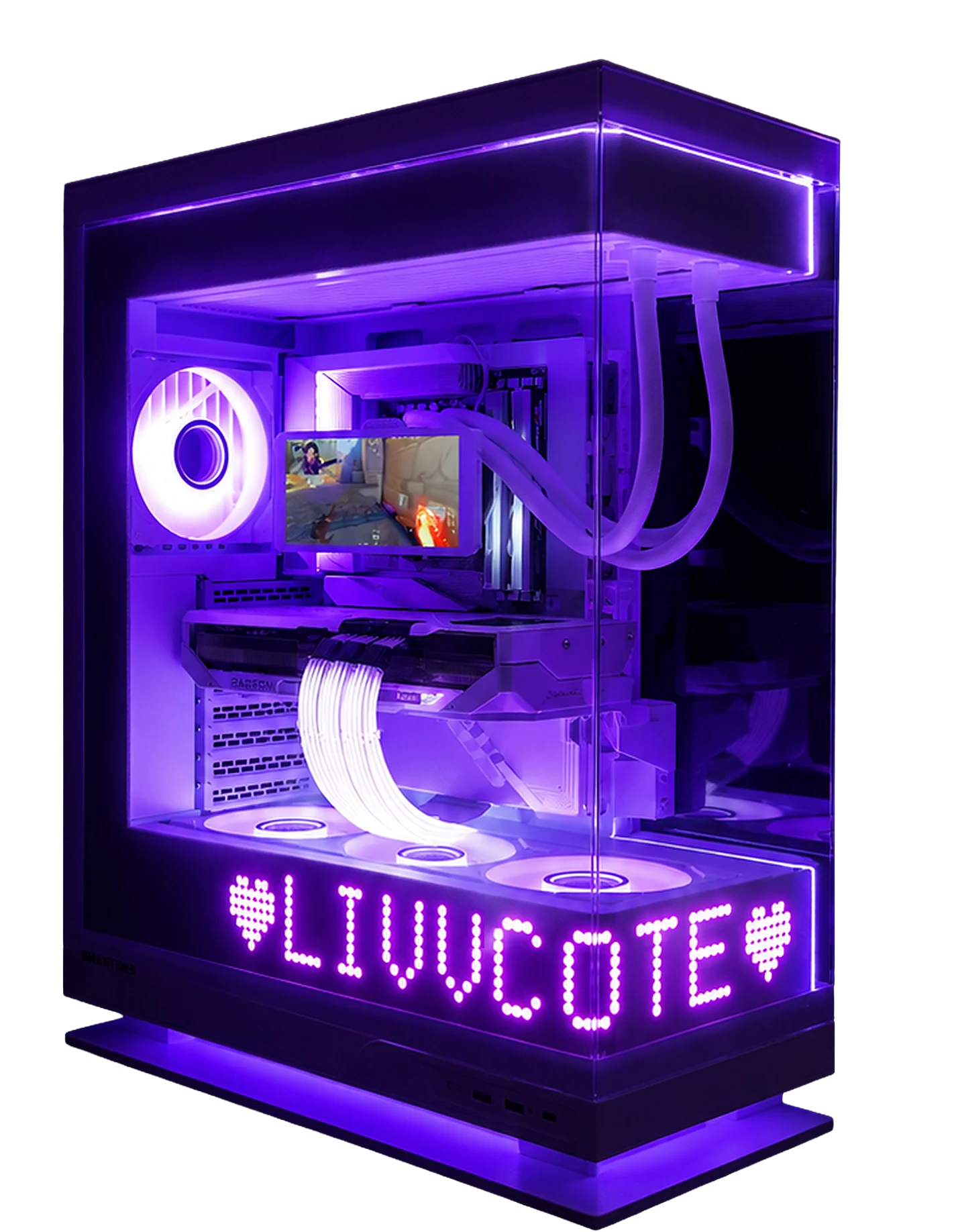 Livvcote × Splave signature build — arctic-white PC in ultraviolet light