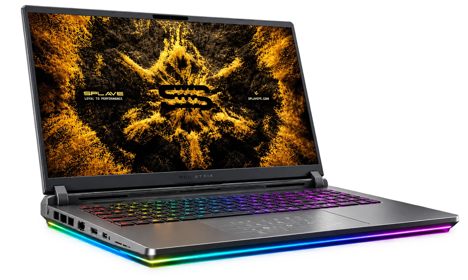 Splave Vanguard laptop with black-and-gold Splave screen artwork and RGB underglow